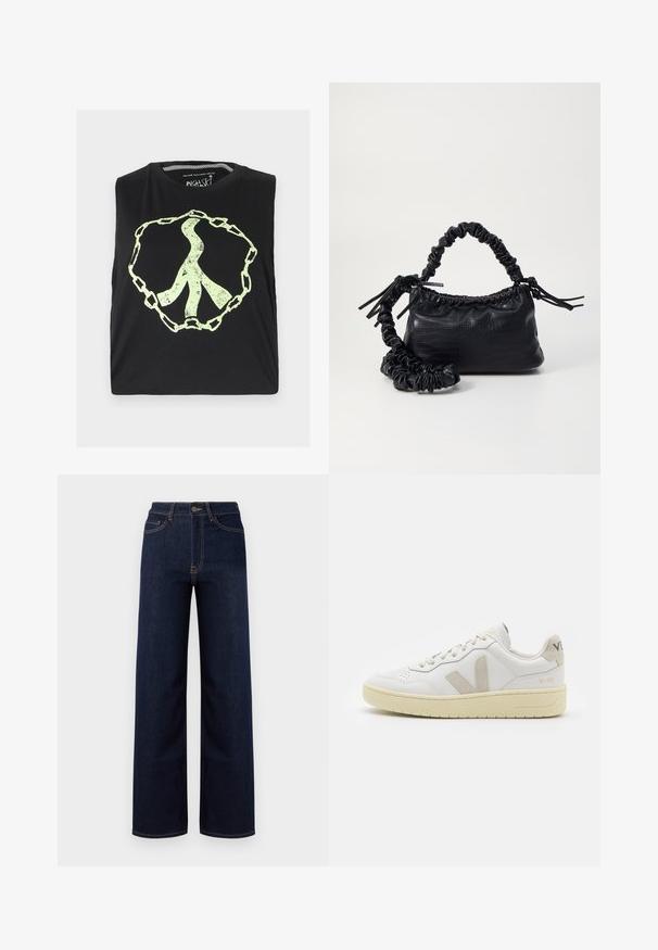 Black sleeveless shirt featuring a large, faded, light-green peace symbol enclosed in a chain design. Made from soft cotton fabric.; Dark blue wide-leg jeans made of denim, featuring a high waist, four pockets, and contrasting stitching along the seams.; White leather sneaker with beige suede accents, perforated toe box, flat laces, and a textured cream sole. Features subtle branding on heel.; Black faux leather handbag with a crocodile texture, cinched top, and a scrunched strap. Appears soft and compact in design.