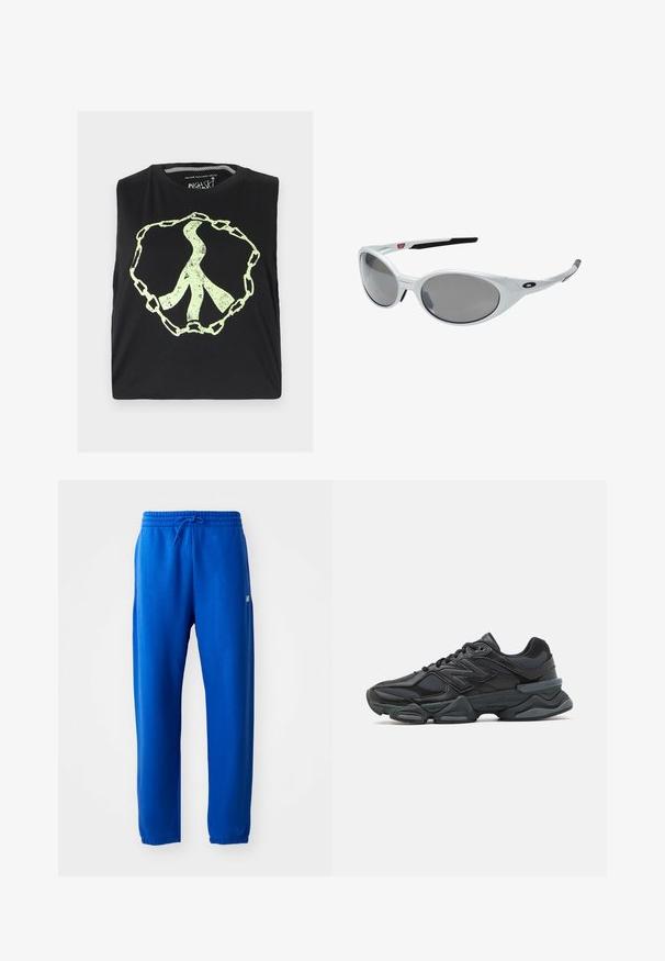 Zwarte cropped top zonder mouwen met een grote, abstracte groene vredesteken omringd door een kettingontwerp, gemaakt van zacht materiaal.; Blauwe joggingbroek van zacht materiaal, met een elastische tailleband en trekkoord, taps toelopende pijpen en een klein logo detail aan de zijkant.; Zwarte hardloopschoen met een mix van mesh en synthetische materialen, een stevige zool, gebogen ontwerp en prominente branding op de zijkant.; Witte kunststof zonnebril met grote ovale lenzen, grijs getint. Voorzien van zwarte oorsteunen en een klein logo op het montuur. Gladde afwerking.