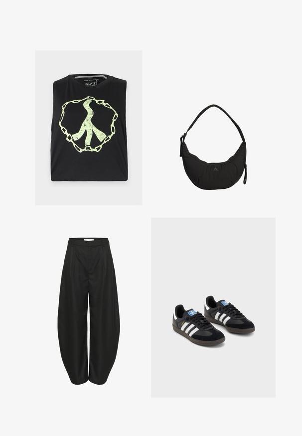 Zwart mouwloos shirt met een groot, vervaagd, lichtgroen vredessymbool omringd door een kettingontwerp. Gemaakt van zachte katoenstof.; Zwarte hoge taille wijde broek met plooien, riemlussen en een verborgen sluiting aan de voorkant, ontworpen door Gestuz.; Zwarte sneakers met een bovenwerk van suède en synthetisch materiaal, voorzien van drie witte strepen, een gestructureerde rubberen zool en een blauw logo-label op de tong.; Zwarte schoudertas met een gebogen ontwerp, gevoerde stof, verstelbare schouderriem en subtiel logo. Heeft een ritscompartiment en getextureerde accenten.