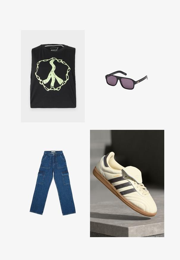 Sort ærmeløs skjorte med et stort, falmet, lysgrønt fredssymbol indkapslet i et kædedesign. Fremstillet af blødt bomuldsstof.; Bredde ben blå denim cargo bukser med høj talje, foran lommer og store sidelommer med klap, lagt fladt på hvid baggrund.; Cremefarvede lædersneakers med tre mørke striber, en brun gummisål og en afrundet tå. Har en foldbar tunge mærket "SAMBA."; Sorte solbriller med firkantet stel, mørke linser og et guld-logo på armen. Glat plastmateriale med mat finish.