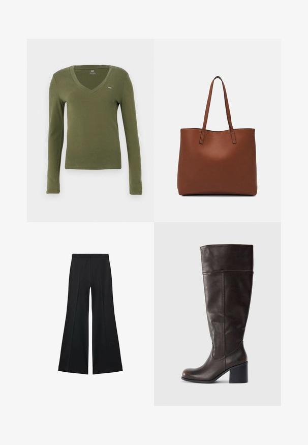 Pitkähihainen v-kaula-aukkoinen t-paita oliivinvihreästä puuvillasta, jossa on slim fit -leikkaus ja pieni logo rinnassa. Sujuva pinta ja minimalistinen muotoilu.; Mustat leveälahkeiset housut, joissa on sileä pinta, etupuolella laskokset ja muotolaskettu malli. Kangas on kevyttä ja laskeutuvaa.; Ruske nahke čizme do koljena s okruglim prstom i složenim potplatom. Imaju glatku teksturu i detalj s bočnim šavom.; Ruskea nahkainen olkalaukku, jossa on sileä pinta, avoin yläosa ja kaksi olkahihnaa. Omaavat vain minimaalisen ompelun eikä näkyvää metalliosaa.