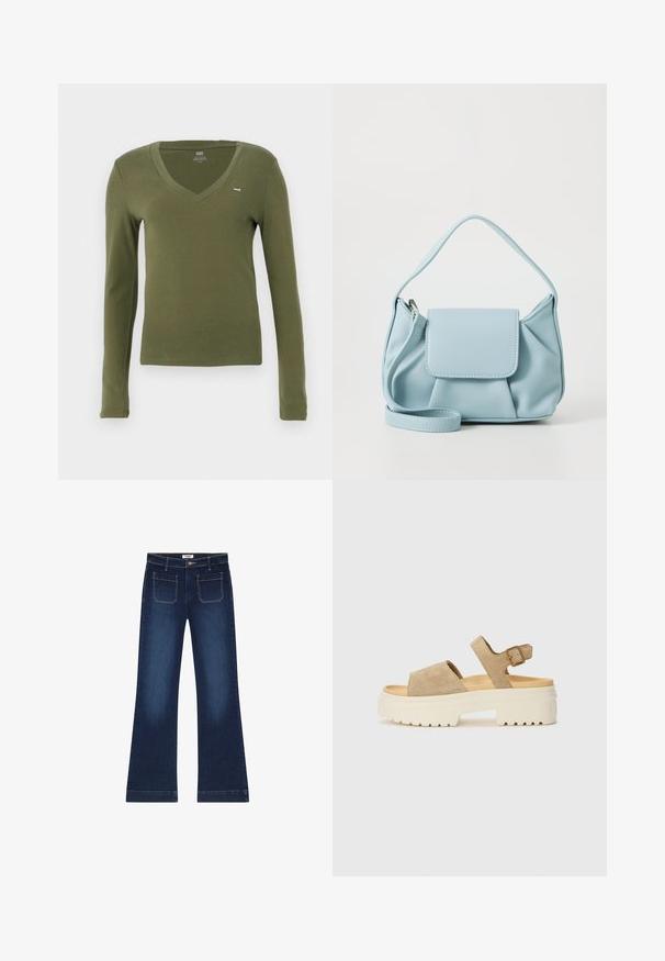 Hosszú ujjú, V-nyakú póló olajzöld pamutból, slim fit szabással és egy kis logóval a mellkason. Sima textúra és minimális dizájn jellemzi.; Sötétkék, bővülő szárú farmernadrág. Öt zsebbel, cipzáros derékkal és arany cérnával díszített varratokkal rendelkezik. Széles lábnyílása van.; Világos bézs velúr szandál széles pánttal és állítható bokapánttal. Tömeges fehér talp, texturált mintázattal a grip érdekében.; Világoskék bőrtáska, felső fogantyúval, elülső fedélzsebkémmel és levehető csuklószíjjal, fehér háttér előtt.