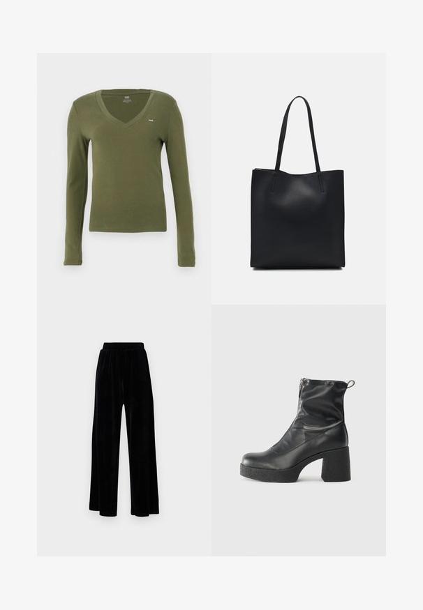 Dolga majica s V-izrezom, v olivno zeleni barvi iz bombaža, z ožjim krojem in majhnim logotipom na prsih. Gladka tekstura in minimalističen dizajn.; Črne široke hlače iz mehkega žameta, z elastičnim pasom in gladko teksturo, brez vidnih detajlov ali vzorcev.; Črne gležnjarje iz gladke kože z božnim zadrgo, masivnim teksturiranim peto in zaobljeno obliko prstov.; Črna usnjena torba s svilnato teksturo, pravokotne oblike in dvema dolgima ročajema. Brez vidnih metalnih delov ali okrasnih elementov.