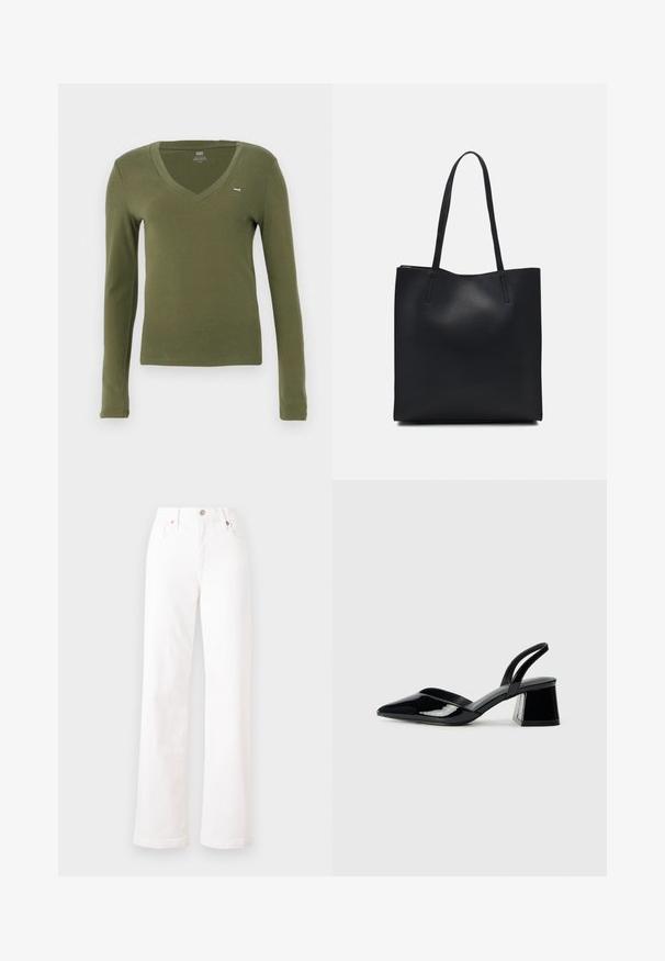 Long-sleeve v-neck t-shirt in olive green cotton, featuring a slim fit and a small logo on the chest. Smooth texture and minimal design.; White denim trousers with a high waist, straight leg, five pockets, and copper-tone hardware. Fabric texture is smooth with slight stretch.; Black patent leather slingback heels with a pointed toe and a geometric block heel. Features a sleek, minimal design and smooth texture.; Black leather tote bag with smooth texture, rectangular shape, and two long handles. No visible hardware or embellishments.