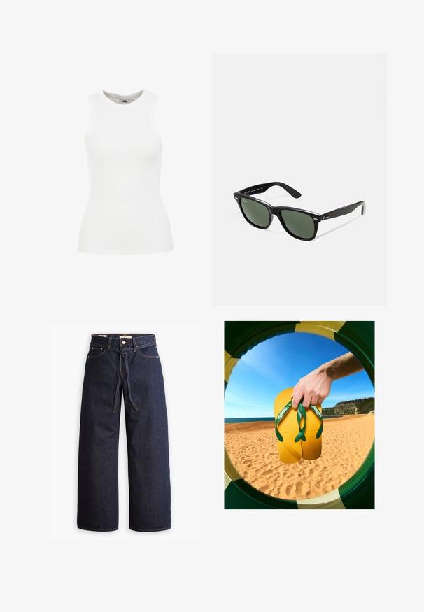 WE Fashion SINGLET - Viršus - white; Plačios kojų tamsiai mėlynos džinsinės kelnės su aukštu liemeniu, turinčios raištį, penkias kišenes ir kontrastingas siūles.; Geltoni šlepetės su žaliais diržais ir tekstūruotais padeliais laikomos rankoje, matomos per apskritą rėmą priešais paplūdimio foną.; Juodi plastikiniai saulės akiniai su žaliais objektyvais, kvadratiniais rėmeliais, sidabriniu akcentu ant antakio ir tekstūruotais šventyklų šakutėmis. Vidinėje šakutėje nurodyta prekės ženklo pavadinimas.; Juodas tote maišas su dviem ilgomis rankenomis, užtraukiama viršūne ir mažu žaliu krokodilo logotipu, esantiu centre po rankenomis.