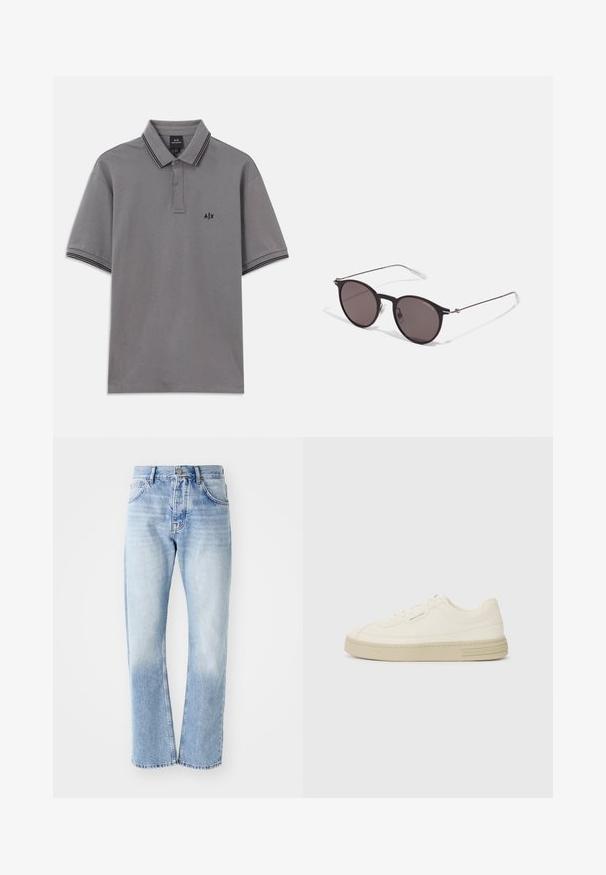 Harmaa lyhythihainen polo-paita, jossa on musta reunus kauluksessa ja hihoissa, nappikaulus ja pieni musta A|X-logo vasemmassa rinnassa.; Vaanit vaaleansinisistä farkuista, joissa on suora lahje. Varustettu viiden taskun suunnittelulla, nappisuljenta ja haalistunut pinta alareunassa.; Valkoiset kangastennarit, joissa on tekstuurilla varustettu kumipohja, ommeltu varvastuppi ja logo-aksentti kantapäässä. Yksinkertainen nauhakiinnitys.; Musta pyöreä aurinkolasit tummilla linsseillä ja kapeilla metallikehyksillä. Sisältää kirkkaat temppelet ja hopeiset yksityiskohdat saranassa. Minimalistinen muotoilu.