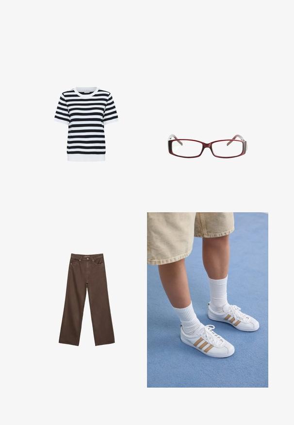 Sort-hvid stribet T-shirt med korte ærmer, rund hals og ribbet kant, lavet af et blødt og glat stof.; Bredde ben brun denim jeans med høj talje, forlommer og klassisk knaplukning. Glat tekstur med diskret syninger.; Hvide sneakers med tre gyldne striber, snørebåndsdesign, gummisål, båret med ribbede hvide sokker og beige shorts på en blå overflade.; Røde rektangulære briller med et sleekt design. Klare linser, let transparente stænger og en gradient-effekt fra rød til grå.