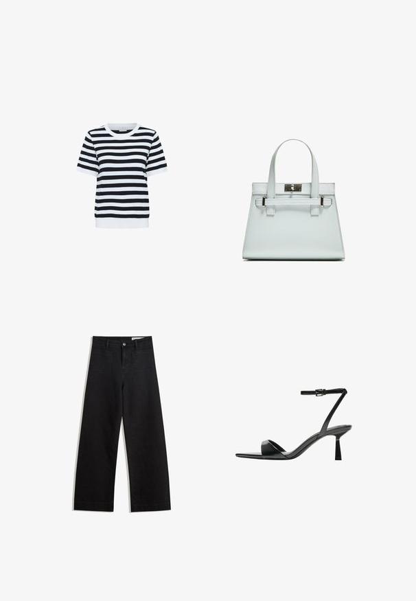 Lyhythihainen mustavalkoraidallinen paita, jossa on pyöreä kaula-aukko ja ribbaushelma, valmistettu pehmeästä ja sileästä kankaasta.; Mustat leveät farkut korkealla vyötäröllä, joissa on etu- ja takataskut, ommellut saumat ja nappisuljenta. Silkinoinen rakenne.; Bershka Korolliset sandaalit - black; Vaaleansininen käsilaukku, jossa on jämäkkä muotoilu, kaksi kahvaa ja hopeanvärinen kiinnitys. Pinta on teksturoitu ja kulmat terävät.