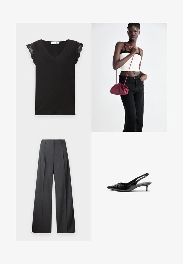 Must have V-kaelusega must topp lühikeste pitskäistega ja siledast materjalist. Lihtne disain, millel on mugav lõige ja ilma lisakaunistusteta.; Tumesed püksid tumesinises kangas, kõrge vöökoht, üks voldik ning sile struktuur puhaste ääristega.; Musthave nahkased kõrged kontsad, millel on terav varvas, väike kitten-kont ja dekoratiivne sõlm ees. Ühtlane sile tekstuur.; Burgundia pehmeast kangast käekott, millel on kokkuvõetud disain ja pikk rihm, kantud üle keha. Mudel kannab valget crop-topi ja musti teksaseid.