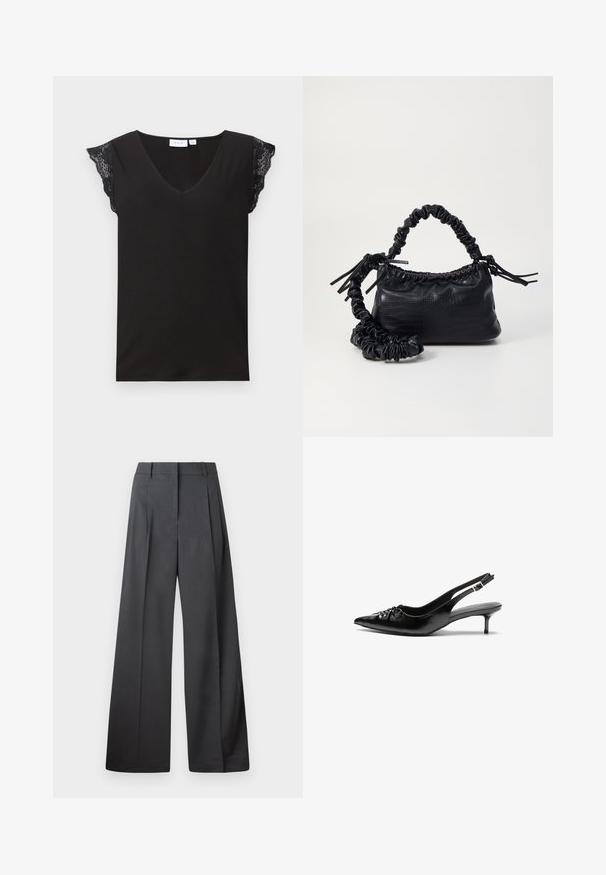Svart V-hals topp med korte blondeermer og en glatt tekstur. Enkel design med en avslappet passform og ingen ekstra dekorasjoner.; Vide bukser i mørkegrått stoff med høy livlinje, enkel press, og en glatt tekstur med en ren finish på ermekantene.; Sorte skinnert remsandaler med spiss tå, liten kittenhæl og en dekorativ knute detalj foran. Glatt tekstur gjennom hele.; Svart faux skinn-håndveske med krokodilletekstur, strammet topp og en rynket stropp. Ser myk og kompakt ut i designen.