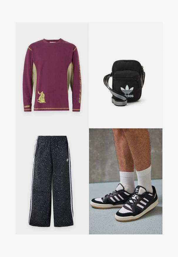 Langärmliges Shirt in Kastanienbraun mit gelben Akzenten, das einen grafischen Druck und seitliche Netzpaneele für Textur und Atmungsaktivität aufweist.; adidas Originals GRAPHIC UNISEX - Jogginghose - black; Schwarz-weiße Sneaker mit einem Obermaterial aus Wildleder und Leder, ausgestattet mit drei weißen Streifen, einer perforierten Zehenpartie und einer Sohle aus Gummi.; Schwarze Umhängetasche aus Stoff mit Reißverschluss, ausgestattet mit einem weißen Adidas-Logo und einem gestreiften, verstellbaren Tragegurt für einfachen Transport.