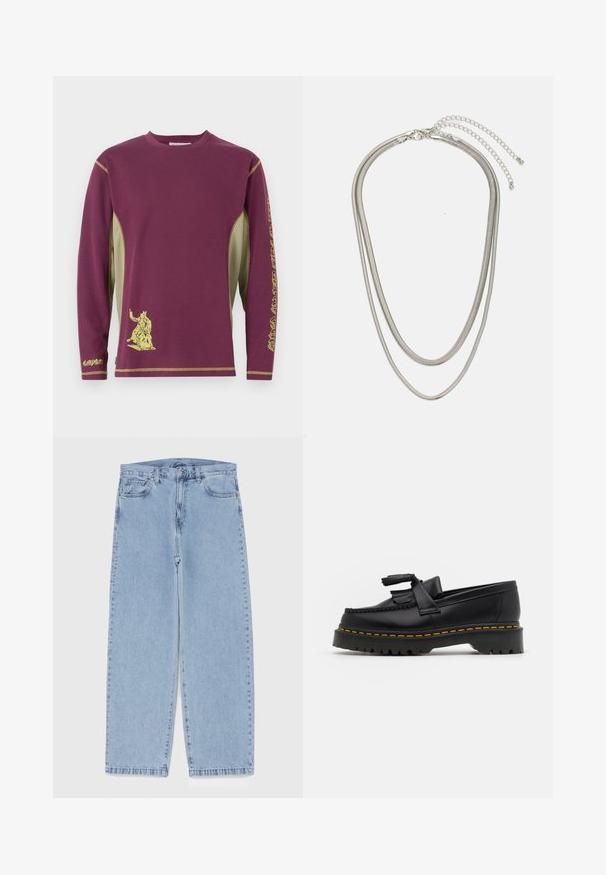 Long-sleeve shirt in maroon with yellow accents, featuring a graphic print and mesh side panels for texture and breathability.; Light blue denim jeans with straight leg design, featuring a mid-rise waist, five pockets, and a button and zipper closure.; Black leather loafer with a tasseled accent, featuring a chunky black sole and yellow stitching along the edge. Textured finish.; Three-layered silver metal necklace featuring sleek, flexible chains with a slight sheen, secured with a lobster clasp and adjustable chain.