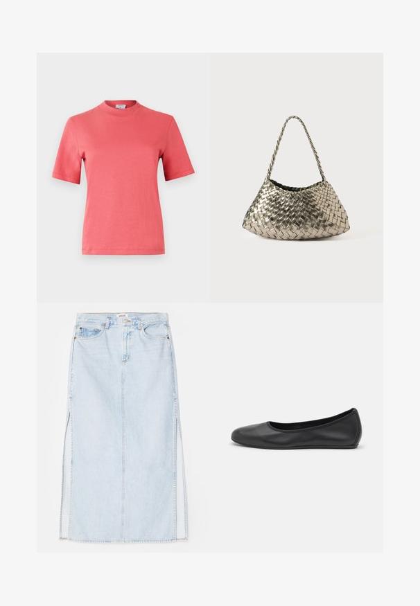 Coral short-sleeve cotton t-shirt with a round neckline and clean, non-patterned design. Smooth texture with a regular fit.; Light blue denim maxi skirt with a straight cut, featuring side slits and five-pocket design. Prominent stitching and metal button closure.; Black leather ballet flat with a rounded toe, smooth texture, minimal stitching detail, and a flexible sole design.; Metallic woven handbag with a triangular shape, featuring a braided strap and a velvet-lined interior. Color: silver. Texture: smooth and fabric-like.
