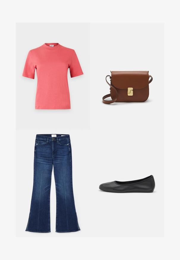 Koralfarvet kortærmet bomulds T-shirt med rund halsudskæring og ren, ensfarvet design. Glat tekstur med regular fit.; Mørkeblå flagrende jeans lavet af denim. Har høj talje, forlommer og splitdetaljer i kanten. Klassisk fem-lomme design.; Sort læderballetsko med rund tå, glat tekstur, minimal syning og et fleksibelt såldesign.; Brun læder håndtaske med flaplukning, hardware i gyldent tone, en skulderrem og en glat overflade. Kompakt rektangulær form.
