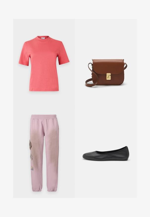 Coral short-sleeve cotton t-shirt with a round neckline and clean, non-patterned design. Smooth texture with a regular fit.; Pink sweatpants with an elastic waistband, featuring decorative patches in diamond shapes on the left side and elastic cuffs at the ankles.; Black leather ballet flat with a rounded toe, smooth texture, minimal stitching detail, and a flexible sole design.; Brown leather handbag with a flap closure, gold-tone hardware, a shoulder strap, and a smooth texture. Compact rectangular shape.
