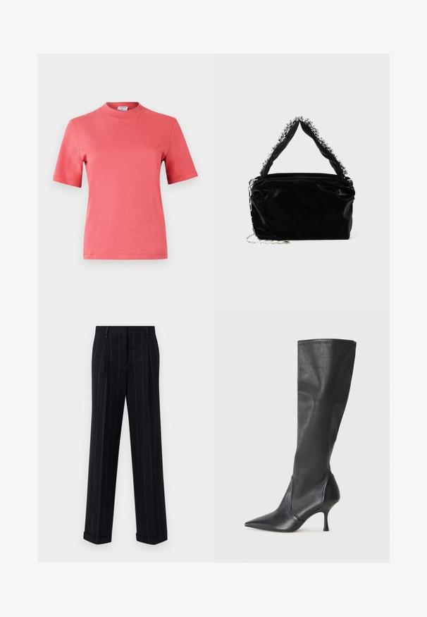 T-shirt en coton corail à manches courtes, avec un col rond et un design épuré, sans motif. Texture lisse avec une coupe classique.; Pantalons noirs à rayures fines avec une coupe ajustée, dotés d'un ourlet à revers et de plis avant. Fabriqués en tissu lisse avec un design structuré.; Bottes en cuir noir arrivant jusqu'aux genoux avec un bout pointu et un talon aiguille fin. Texture lisse avec un design ajusté et des coutures au bord supérieur.; Sac à main en simili cuir noir avec une finition texturée, doté d'un accent en perles argentées le long de la anse supérieure et d'une bandoulière en chaîne.