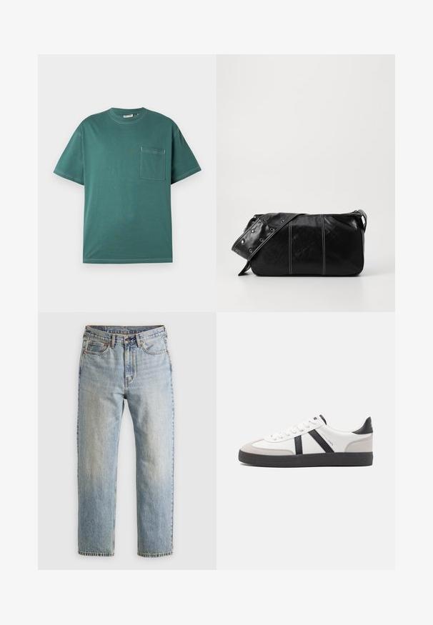 Tricou de culoare teal cu mânecă scurtă, cu cusături albe și un buzunar pe piept, poziționat pe partea stângă, expus pe un fundal alb simplu.; Jeans din denim de culoare albastru deschis, cu talie înaltă, nasture frontal, fermoar și design cu cinci buzunare, așezate platesc pe un fundal neutru.; Sneaker alb cu accente negre și gri, având un capac de vârf gri texturat, talpă din cauciuc negru și șireturi plate albe. Design elegant, stil minimalist.; Geantă de umăr din piele neagră cu închidere cu fermoar, având un corp texturat, cusături albe și o curea cu ochiuri argintii.