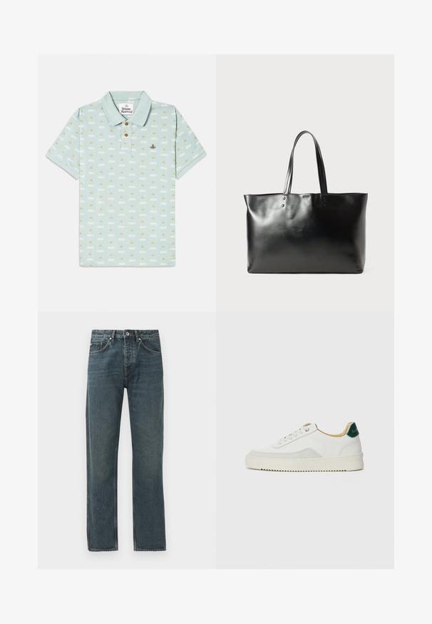 Camisola polo azul clara com colarinho, feita de tecido texturizado; apresenta um padrão repetido de pequenos designs em ouro e branco, com um detalhe do logótipo.; Calças de ganga azul-escuro com um design de perna reta, apresentando cinco bolsos, um fecho com botão e detalhes de costura em contraste.; Tênis brancos com detalhes em camurça, bico arredondado, atacadores planos e sola de borracha creme. Apresenta uma marcação verde no calcanhar.; Bolsa tote de couro preto liso com duas alças de ombro, forma retangular e detalhes de costura sutis sobre um fundo branco.