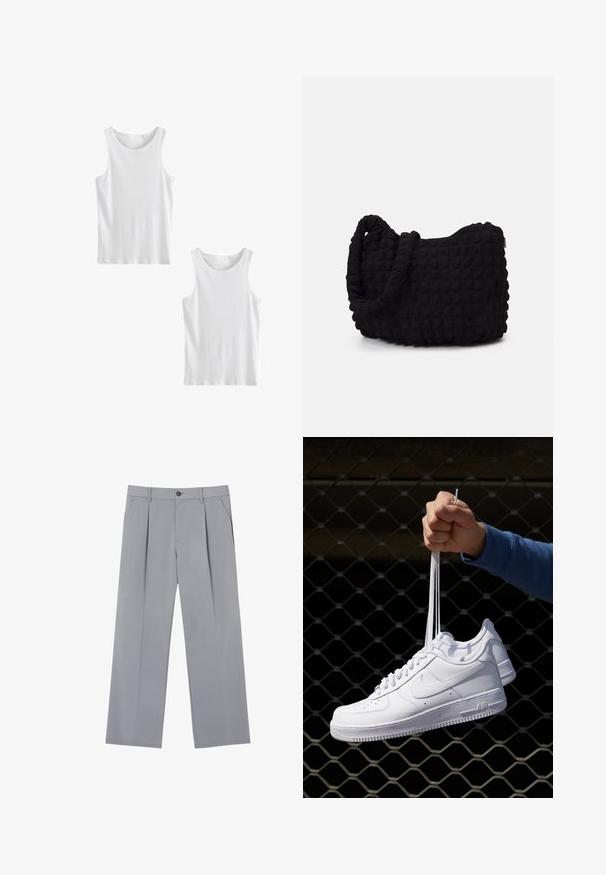 Next TWO PACK - Top - white ribbed; Grau gefaltete Hose mit entspannter Passform, aus leichtem Stoff gefertigt. Verfügt über Vordertaschen und einen Knopfverschluss an der Taille.; Weiße Leder-Sneaker mit Perforationen, runder Zehenpartie, flacher Sohle und dicken Schnürsenkeln, mit sichtbar eingesticktem Swoosh-Logo und "AIR" an der Ferse.; Schwarze Stofftasche mit einer strukturierten, gesteppten Oberfläche. Abgerundete Form, kurze, dicke Griffe und eine weiche, flexible Struktur.