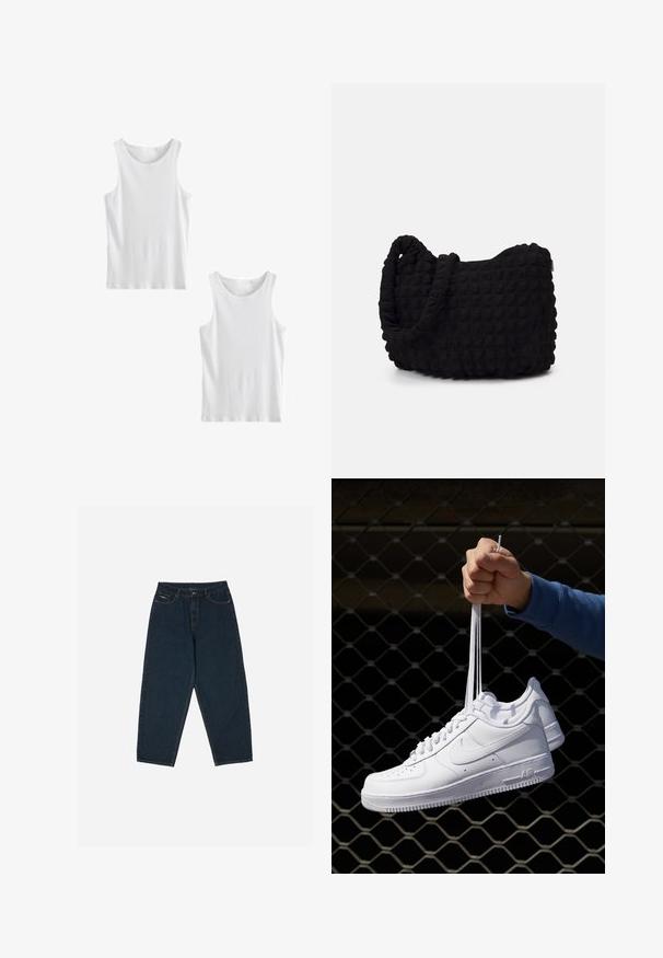 Next TWO PACK - Top - white ribbed; Temno modri jeans s visokim pasom in sproščenim krojem, ki imajo pet žepov in zapenjanje na gumb. Narejeni iz denima z gladko teksturo.; Bela usnjena športna obutev s perforacijami, okroglo konico, ravnim podplatom in debelimi vezalkami, z vidnim logotipom smoosh in napisom "AIR" na peti.; Črn platneno torba z strukturiranim, quilted vzorcem. Okrogla oblika, kratki, debeli ročaji in mehak, fleksibilen konstrukt.