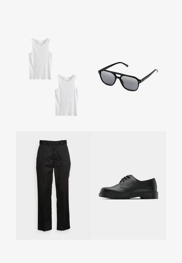 Next TWO PACK - Top - white ribbed; Zwarte broek van een gladde stof, met een rechte pijp ontwerp, riemlussen en twee zijzakken. Klassieke uitstraling zonder versieringen.; Zwarte leren oxford schoenen met vetersluiting, ronde neus, platte rubberen zool en subtiele stiksel details langs het bovenwerk.; Zwarte zonnebril met rechthoekige montuur, grijs getinte glazen en een uitgesneden ontwerp bij de neusbrug. Strak, glanzend kunststof materiaal met smalle veren.