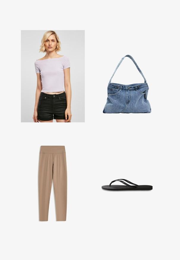 Svetlofialový priliehavý crop top s dizajnom bez ramienok, krátkymi rukávmi a priliehavým strihom, nosený s čiernymi šortkami s vysokým pásom.; Hnedé legíny s vysokým pásom, vyrobené z hladkej, elastickej látky. Majú prispôsobený strih a žiadne viditeľné kovové prvky ani vzory.; Čierne žabky s textúrovanou gumovou podrážkou, dvoma štíhlymi popruhmi a diskrétnym embosovaným logom na popruhu.; Denimová taška cez plece s mierne zakriveným popruhom, dvoma prednými vreckami a zapínaním na gombík, vyrobená z svetlomodrej látky s kontrastnými švami.