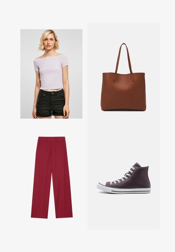 Világos lila bordázott crop top, váll nélküli kivágással, rövid ujjakkal, testhezálló fazonnal, magas derekú fekete sorttal párosítva.; Széles lábú nadrág sima, textúrált anyagból, mélyvörös színben. Elöl zsebekkel és egydarabos gombos záródással a derékon.; Sötétlila bőr magas szárú sportcipők fehér gumijegyes orral, fehér fűzőkkel és fekete akcentusokkal a talpon és az oldalon.; Barna bőr vászontáska sima textúrával, nyitott tetejű dizájnnal és két vállpánttal. Minimális varrással és látható hardver nélkül készült.