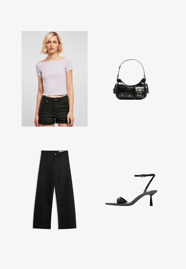 Light purple ribbed crop top with off-shoulder design, short sleeves, fitted shape, worn with high-waisted black shorts.; Black wide-leg denim pants with a high waist, featuring front and back pockets, stitched seams, and a button closure. Smooth texture.; Bershka High heeled sandals - black; Black patent leather handbag with a curved shape, one shoulder strap, front pockets, and silver-tone hardware accents.