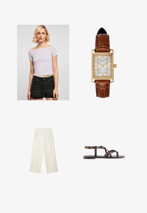 Svetlo vijoličen rebrast crop top z off-shoulder dizajnom, kratkimi rokavi in prilegajočo obliko, v kombinaciji z visokim pasom črnimi kratkimi hlačami.; Hlače širokih nogavic iz kremaste tkanine z gladko teksturo, z enim sprednjim gumbom, diskretnimi plisami in visokim pasom.; Rjav usnjen sandal z načinom prečnega črta, zaklepom okoli gležnja in ravnim podplatom z minimalnimi šivi.; Casio quartzna ura s pravokotnim zlatim ohišjem, belim obračunom, zlatimi kazalci in strapom iz rjave usnje s krokodiljim vzorcem. Vodoodporna.