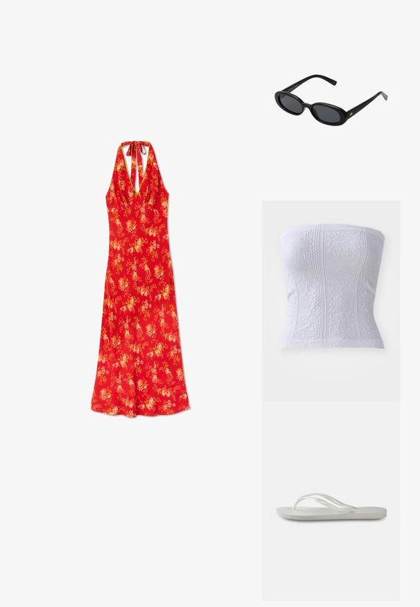 Top branco sem alças com padrões texturizados, apresentando detalhes ribbed e designs florais, destacando uma silhueta ajustada.; Vestido de verão vermelho com flores, com um design de decote halter, apresentando um corpete ajustado e uma saia fluida, feito de um tecido leve com uma textura suave.; Chinelo branco com sola texturada, apresentando tiras finas e um design plano. Feito de borracha com um logótipo subtil na palmilha.; Óculos de sol pretos oversized com lentes ovais, armação de plástico suave e detalhes em dourado nas hastes. As lentes escuras oferecem proteção solar.; Colar de corrente dourada com gemas alternadas em verde claro, rosa e transparente. Cada gema está montada em um acabamento de bezel circular.