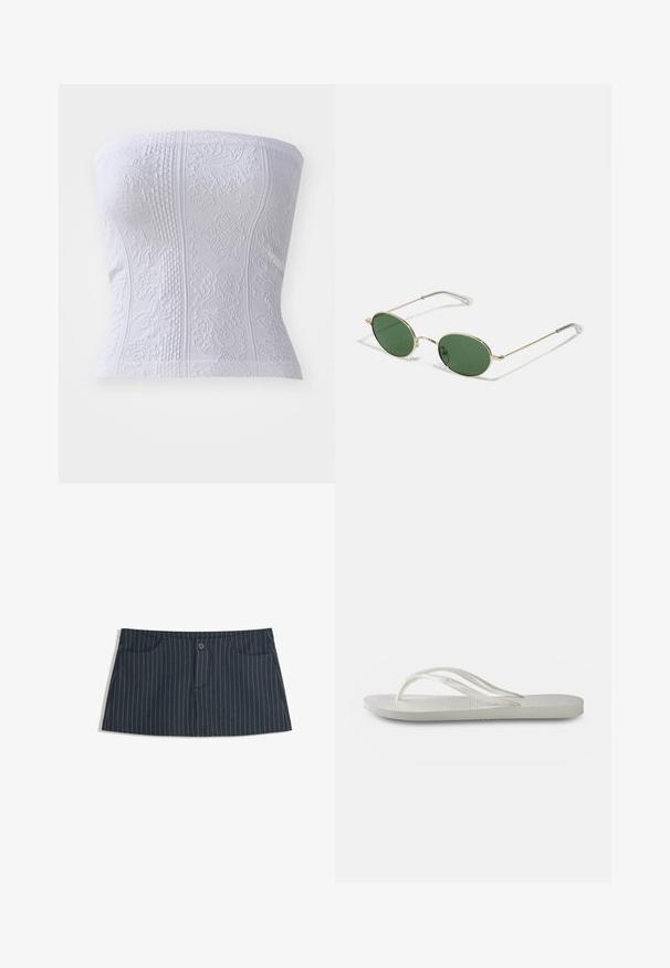 Valkoinen olkaimeton toppi, jossa on teksturoituja kuvioita, ribattu yksityiskohtia ja kukkakuvioita, esittelee istuvaa siluettia.; Tummansininen pinstripe-minihame, jossa on etutaskut ja yksi napitus vyötäröllä.; Valkoinen flip-flop, jossa on kuvioitu pohja, ohut hihnasto ja tasainen muotoilu. Valmistettu kumista ja siinä on hillitty logo jalkapohjassa.; Kultaiset kehykset aurinkolaseissa, joissa on vihreät munamaiset linssit ja ohuet metalliset sivut. Varressa on kirkkaat muoviset päät mukavuutta varten.; Musta nahkakäekott struktureeritud disainiga, ülemise käepidemega ja triibuliste detailidega. Omab eemaldatavat õlapaela, et pakkuda mitmekesisust.; Kultaiset renkaat korvakorut ovat sileä, pyöreä muotoilu, jossa on kiiltävä pinta. Niissä on sarana-aukko helppoa käyttöä varten.