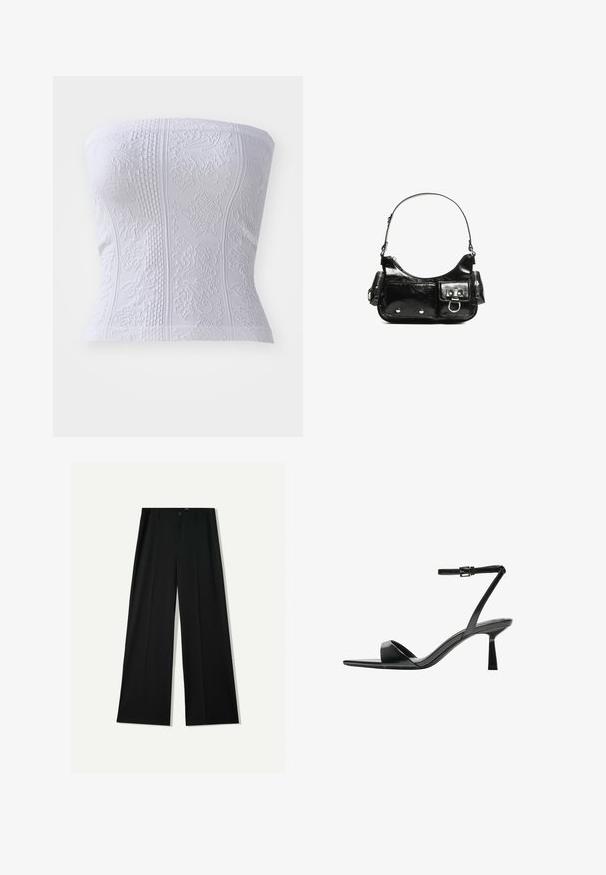 Fehér, pánt nélküli felső, texturált mintákkal, bordázott részletekkel és virágmintákkal, amely kiemeli a testhez simuló fazont.; Bershka WIDE - Nadrágok - black; Bershka Magas sarkú szandálok - black; Fekete lakkbőr kézitáska ívelt formával, egy vállpánttal, elülső zsebekkel és ezüstszínű fémrészletekkel.