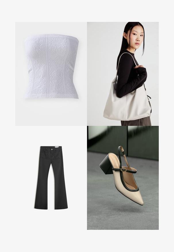 Witte strapless top met textuurpatronen, voorzien van geribbelde details en bloemontwerpen, die een aansluitende silhoutte toont.; Zwarte flared jeans van denim met een gladde textuur, voorzien van twee achterzakken en een knoopsluiting bij de taille.; Beige puntige slingback schoen met zwarte rand, gouden gesp en een chunky blokhak op een grijze vloer met een donker groene achtergrond.; Beige handtas gemaakt van zacht materiaal, met een slonzig ontwerp, gestikte details en twee schouderbanden. Geschikt voor dagelijks gebruik.