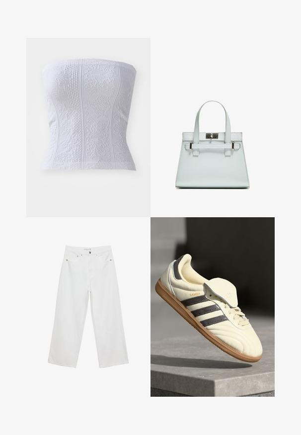 Valkoinen olkaimeton toppi, jossa on teksturoituja kuvioita, ribattu yksityiskohtia ja kukkakuvioita, esittelee istuvaa siluettia.; Valkoiset leveälahkeiset farkut, joissa on korkea vyötärö. Tämä malli sisältää viisi taskua ja metallisia yksityiskohtia. Kankaan pinta on sileä, ilman näkyviä kuvioita.; Kreemivärvi nahast tennisekad, millel on kolm tumedat triipu, pruun kummist tald ja ümar varvas. Omab volditavat keelt, millel on silt "SAMBA."; Vaaleansininen käsilaukku, jossa on jämäkkä muotoilu, kaksi kahvaa ja hopeanvärinen kiinnitys. Pinta on teksturoitu ja kulmat terävät.