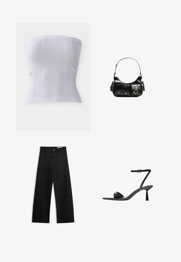Valkoinen olkaimeton toppi, jossa on teksturoituja kuvioita, ribattu yksityiskohtia ja kukkakuvioita, esittelee istuvaa siluettia.; Mustat leveät farkut korkealla vyötäröllä, joissa on etu- ja takataskut, ommellut saumat ja nappisuljenta. Silkinoinen rakenne.; Bershka Korolliset sandaalit - black; Mustekko mustasta kiiltonahasta valmistettu käsilaukku, jossa on kaareva muoto, yksi olkahihna, etutaskut ja hopeanväriset yksityiskohdat.