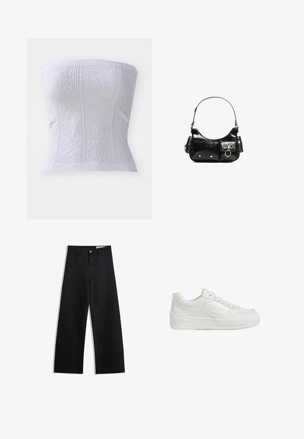 Bílý top bez ramínek s texturovanými vzory, který má žebrované detaily a květinové designy, zdůrazňující přiléhavou siluetu.; Černé denimové kalhoty s volným střihem a vysokým pasem, vybavené předními a zadními kapsami, prošívanými švy a knoflíkovým zapínáním. Hladká textura.; Bílé kožené tenisky s hladkým povrchem, polstrovaným kotníkem a perforovanou špičkou. Mají mírně zvýšenou gumovou podrážku a šněrovací design.; Černá lakovaná kožená kabelka s křivkovým tvarem, jedním ramenním popruhem, předními kapsami a stříbrnými kovovými detaily.