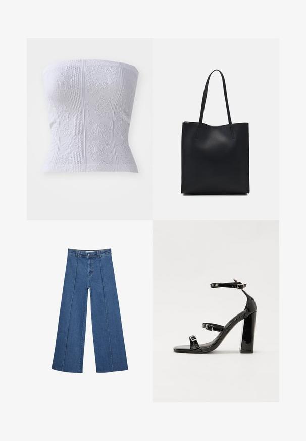 Valkoinen olkaimeton toppi, jossa on teksturoituja kuvioita, ribattu yksityiskohtia ja kukkakuvioita, esittelee istuvaa siluettia.; Korkeat vyötäröiset, keskisiniset, leveiden lahkeiden denim-farkut, joissa on nappikiinnitys ja kontrastiväriset pystysaumadetaileja edessä.; Musta kiiltäväpintainen korkokengät, joissa on kaksi solkikiinnitystä, neliönmuotoinen kärki ja paksu korko, sileällä, kiiltävällä pintarakenteella.; Mustapahkainen kangaskassi, jossa on sileä pinta, suorakaiteen muotoinen ja kaksi pitkää kahvaa. Ei näkyvää metalliosaa tai koristeita.