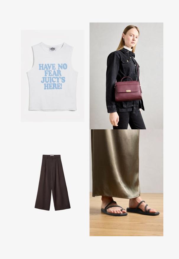 Top corto senza maniche bianco con un audace testo blu che recita "NON TEMERE, JUICY È QUI!" Tessuto di cotone morbido con scollo rotondo.; Pantaloni neri a gamba larga con vita alta, caratterizzati da pieghe frontali e chiusura con bottone in vita, realizzati in tessuto liscio.; Infradito neri in gomma con due sottili cinghie, dotati di un'unica fascia per il dito. Posizionati su un pavimento di legno accanto a una gonna di raso verde oliva.; Borsa a mano in pelle borgogna con chiusura in oro, forma strutturata, manico superiore e tracolla regolabile. Il modello indossa una giacca di denim.