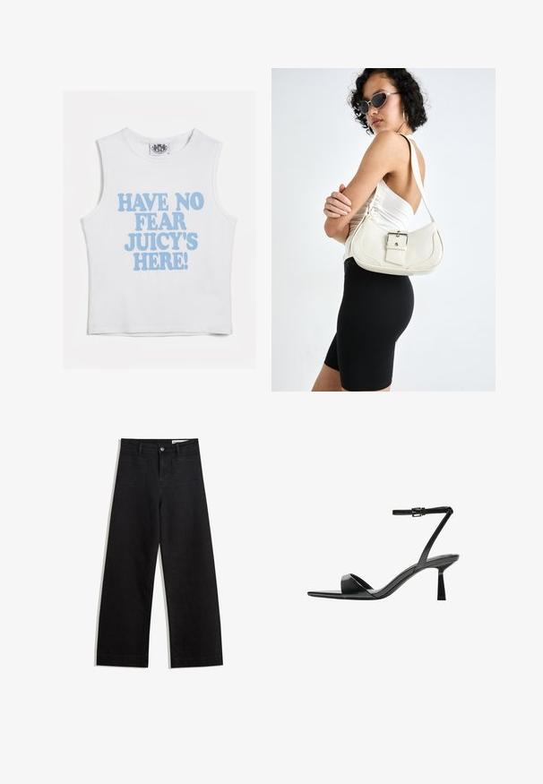 Biały bezrękawnik z krótkim topem z odważnym niebieskim napisem "NIE MA STRACHU, JUICY JEST TUTAJ!" Miękka bawełniana tkanina z okrągłym dekoltem.; Czarne dżinsowe spodnie o szerokich nogawkach i wysokim stanie, z przednimi i tylnymi kieszeniami, przeszyciami oraz zapięciem na guziki. Gładka struktura.; Bershka - Sandały na obcasie; Biała skórzana torebka o zaokrąglonym kształcie, z regulowanym paskiem i małym detalem z klamrą. Modelka ma na sobie dopasowany czarny strój.