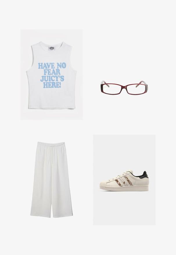 Bela brezrokavna kratka majica z bold modrim napisom "BREZ STRAHU, JUICY JE TU!" Mehka bombažna tkanina z okroglim ovratnikom.; Bele široke hlače iz lahkega materiala, ki imajo elastičen pas in vrvico za prilagajanje. Gladka tekstura.; Beletena snežna obutev iz bele usnje z teksturirano, off-white gumijasto kapico na prstih. Ima tri rjave črte in črno peto. Ravne vezalke in detajl z logotipom.; Rdeče pravokotne očalno okvirje s eleganten dizajn. Jasne leče, rahlo prosojne temple in gradientni učinek od rdeče do sive.