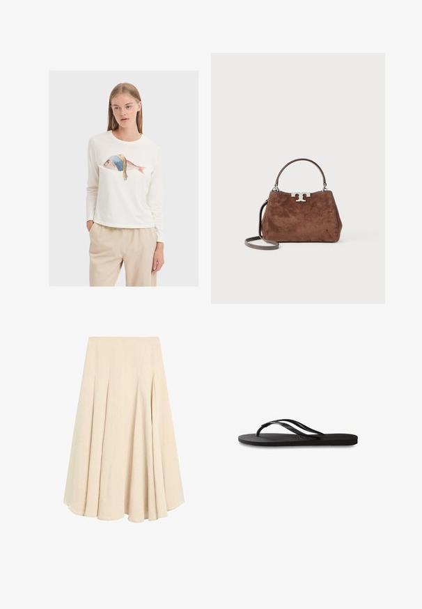 Vit långärmad T-shirt med en färgglad fiskgrafik och ett blått huvudduk. Mjuk tyg och avslappnad passform. Bärs med beiga byxor.; Beige midiklänning A-linjeformad kjol med veck, tillverkad av lättviktsmaterial, med en slät midjeband och utsvängd fåll.; Svart flip-flop med en texturerad gummisula, två slanka remmar och en subtil, präglad logodetalj på remmen.; Brun mockaskvarts handväska med en strukturerad form, silverfärgad logotyp i metall, kort handtag och en avtagbar axelrem. Slät textur, minimalistisk design.