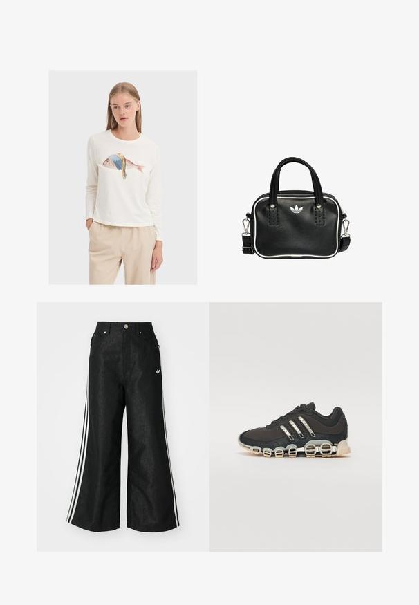 Langärmliges weißes T-Shirt mit einem bunten Fischmotiv und blauem Kopftuch. Weicher Stoff und lockerer Schnitt. Getragen mit beigen Hosen.; Schwarze, weit geschnittene Jeans mit drei weißen Streifen an jeder Seite und einem kleinen weißen Logo. Mit vorderen Taschen und einem Knopfverschluss.; Schwarzer Sportschuh mit einer strukturierten Oberseite, drei silbernen Streifen und einer markanten Dämpfungssohle mit mehreren integrierten Sektionen.; Schwarze Lederhandtasche mit zwei kurzen Griffen, silbernem Zubehör, weißen Akzenten und einem weißen Logo. Verfügt über eine strukturierte Oberfläche und ein kompaktes Design.