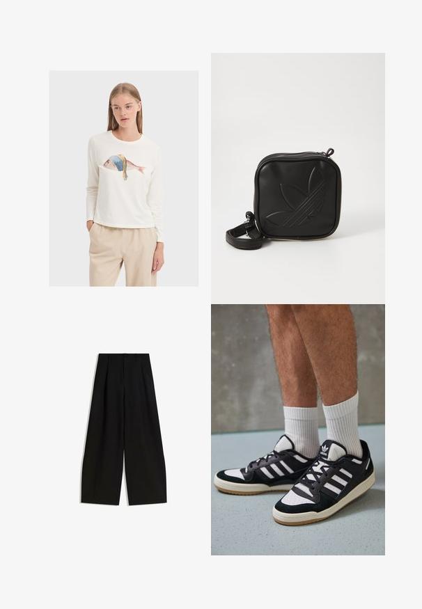 Langsleeve wit T-shirt met een kleurrijke visprint en een blauwe hoofddoek. Zachte stof en een relaxte pasvorm. Draag met beige broek.; Zwarte wijde pijpen broek van gladde stof, met een hoge taille, plooien aan de voorkant en geen zichtbare versieringen of patronen.; Zwart-witte sneakers met een bovenwerk van suede en leer, voorzien van drie witte strepen, een geperforeerde neus en een rubberen gumzool.; Zwarte vierkante crossbody tas van gestructureerd synthetisch materiaal. Met een reliëflogo ontwerp en een verstelbare schouderband. Ritssluiting.