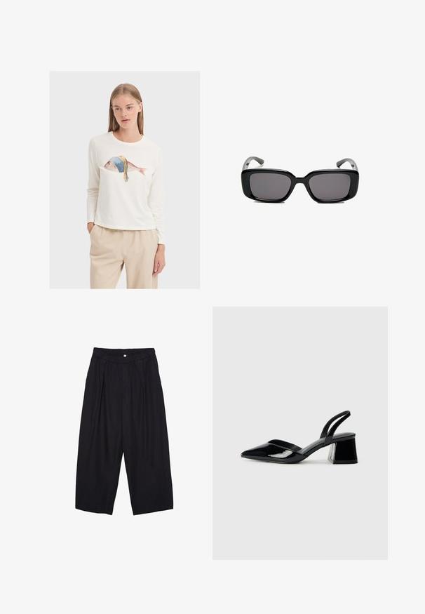Langärmliges weißes T-Shirt mit einem bunten Fischmotiv und blauem Kopftuch. Weicher Stoff und lockerer Schnitt. Getragen mit beigen Hosen.; Schwarze Polyester-Culotte mit einem elastischen Bund, zwei vorderen Falten und einer lockeren Silhouette. Keine sichtbaren Muster oder Hardware-Details.; Schwarze Lackleder-Slingback-High Heels mit spitzem Schuh und einem geometrischen Blockabsatz. Verfügt über ein schlankes, minimalistisches Design und eine glatte Textur.; Schwarze rechteckige Sonnenbrille mit dunklen Gläsern, glattem Kunststoffrahmen und gebogenen Bügeln. Das Design ist klobig mit einer minimalistischen Ästhetik.