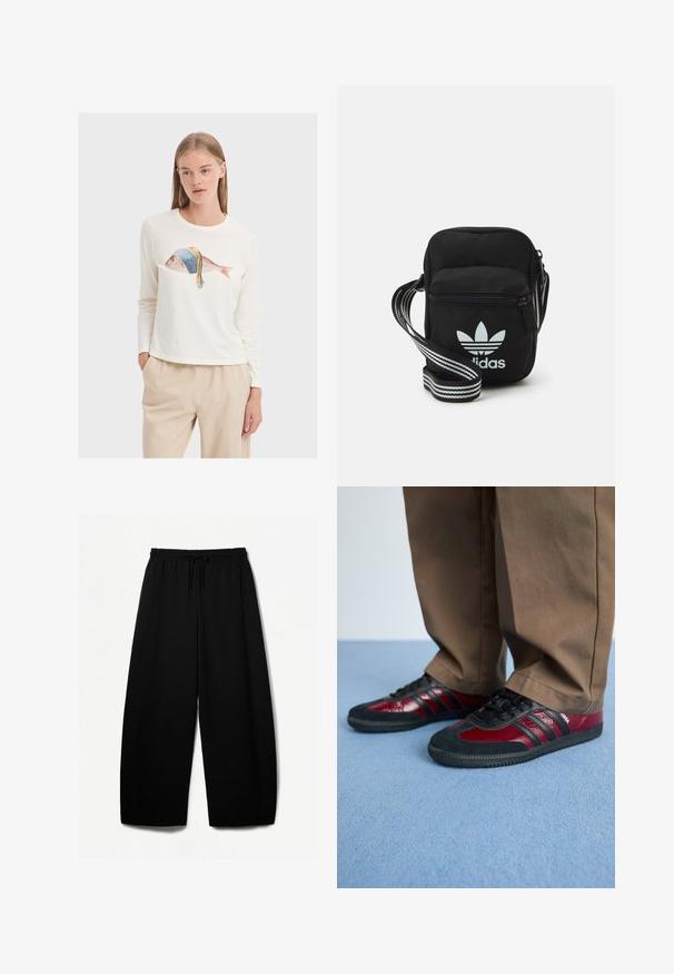 Long-sleeve white T-shirt featuring a colorful fish graphic with a blue headscarf. Soft fabric and relaxed fit. Worn with beige pants.; Black wide-leg pants with an elastic waistband and drawstring. Soft fabric with a smooth texture. Straight cut with side seams.; Black and burgundy athletic shoes with leather and suede materials, featuring black laces and three black stripes on the side. Rubber sole.; Black fabric crossbody bag with a zipper closure, featuring a white Adidas logo and a striped adjustable strap for easy carrying.