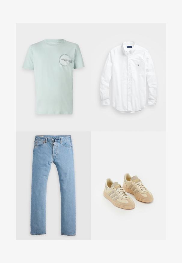 Světle mátově zelené tričko s krátkým rukávem a kulatým výstřihem, na přední straně s potiskem tmavě modrého textu. Vyrobeno z měkké bavlněné látky.; Bílá košile s dlouhým rukávem a knoflíkovým zapínáním vyrobená z bavlny. Má klasický límec, knoflíkové manžety a malé námořnické vyšívané logo na hrudi.; Svetle modré džíny rovného střihu s knoflíkovým zapínáním, poutky na opasek a předními a zadními kapsami, vystavené na bílém pozadí.; Světlé béžové tenisky vyrobené z semišové a textilní látky, se třemi šedými pruhy, texturovanými akcenty a hnědou gumovou podrážkou. Šňůrky jsou bílé.