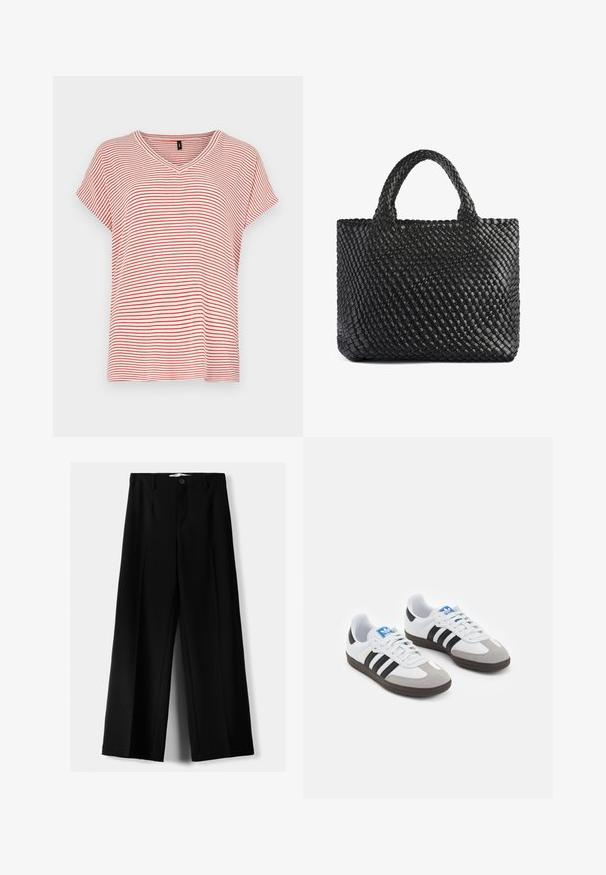 Rot und weiß gestreiftes kurzärmliges V-Ausschnitt-T-Shirt mit lockerer Passform und weichem Stoff. Gleichmäßig verteilte Streifen im gesamten Design.; Schwarze weite Hosen aus leichtem Stoff, mit einem Knopfverschluss vorne und flachem Bund, mit sorgfältig genähten Säumen.; Sportschuhe mit einem Obermaterial aus weißem Leder, grauer Wildleder-Zehenkappe und drei schwarzen Streifen. Sie verfügen über ein blaues Logo auf der Zunge und eine strukturierte Gummisohle.; Schwarze geflochtene Tragetasche mit zwei Griffen, ausgestattet mit einer strukturierten Oberfläche und rechteckiger Form. Einfaches, einzigartiges Design ohne sichtbare Hardware.