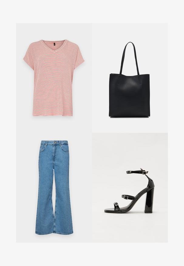 Sarkana un balta svītrainā T-krekla ar īsām piedurknēm, V-veida kakla izgriezumu, brīvu piegriezumu un mīkstu materiālu. Svītras ir vienmērīgi izvietotas visā dizainā.; Gaiši zili, platā piegriezuma džinsi, kas izgatavoti no denima, ar augstu jostasvietu, piecām kabatām un vienu pogu. Mīksta tekstūra ar nolietotu apdari.; Melnas lakotas augstpapēžu čības ar kvadrāta purngalu, potīšu siksniņām un sudraba sprādzēm. Aprīkotas ar masīvu bloku papēdi stabilitātei.; Melnas ādas somiņa ar gludu tekstūru, taisnstūra formu un divām garām rokturiem. Nav redzamu aparatūras vai rotājumu.