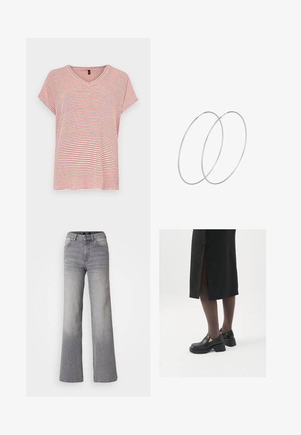 Raudonai ir baltai dryžuota trumparankovė V formos marškinėlių su laisvu kirpimu ir minkšta medžiaga. Dryžiai tolygiai išdėstyti visame dizaino paviršiuje.; Aukštai juosmens tiesios kojos pilkos džinsinės kelnės su priekiu užsegamu mygtuku ir užtrauktuku, priekiniais ir galiniais kišenėmis, bei išblukimu ant šlaunų ir blauzdų.; Juodos odinės bateliai su apvaliu nosiu, stora blokine pakulne ir elastingais šonais, derinami su tamsiomis pėdkelnėmis ir juoda sijonu su plyšiu.; Sidabrinės pusmėnulio auskarai minimalistiniu dizainu. Apskritimo forma, lygus paviršius ir plonas profilis. Lengvi su poliruotu apdailu.