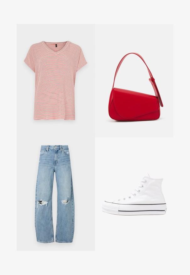 Maglietta a maniche corte a V a righe rosse e bianche con una vestibilità comoda e tessuto morbido. Righe uniformemente distribuite in tutto il design.; Jeans azzurri chiari a vita alta realizzati in denim. Presentano gambe larghe, due aree strappate sulle ginocchia e il classico styling a cinque tasche.; Sneaker alta in tela bianca con suola in gomma nera, punta in gomma frontale e sei asole per i lacci, caratterizzata da un design pulito e minimalista.; Borsa a tracolla in pelle rossa con un design angolare e geometrico. Presenta una singola tracolla regolabile e una chiusura a patta con dettagli cuciti.